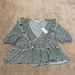 NWT {Ellison} Blue Floral Ruffle Wrap Top~ Size Small